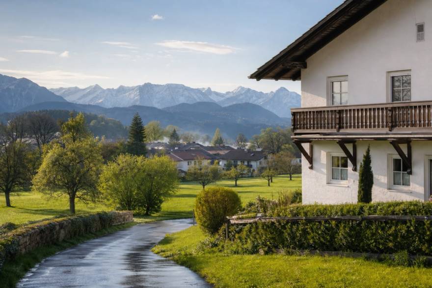 Blick über das grüne oberbayerische Alpenvorland auf die Berge