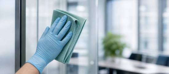 Sorgfältige Reinigung einer Glasfläche mit einem Mikrofasertuch